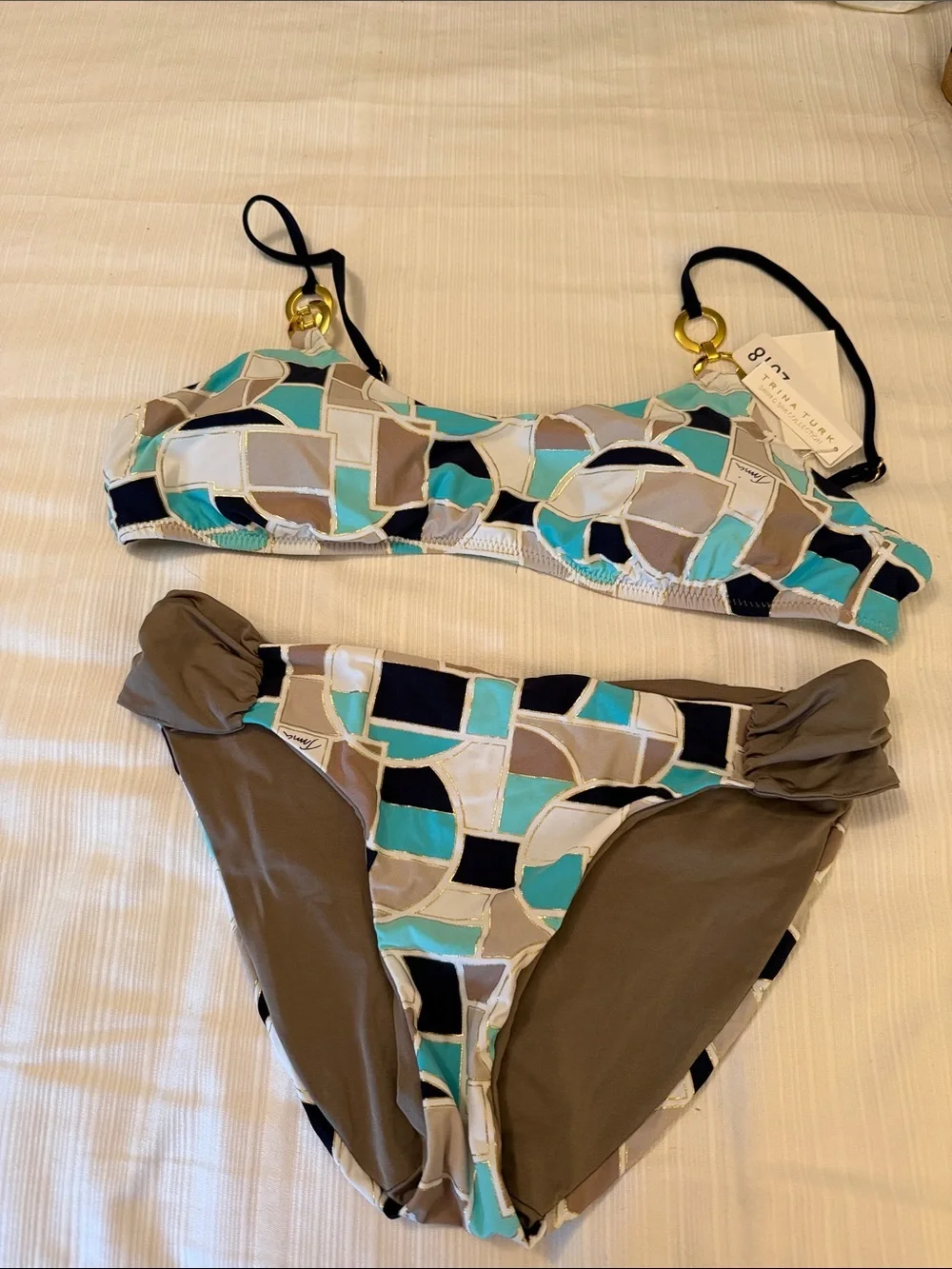 Trina Turk Girls' Two-Piece Bikini in Teal, Taupe, Navy & White